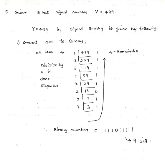 - Guiven 16 bit signed number Y = 429. h a Y=429 1) convert 429 ent we have in signed Binary is given by following to Binary,