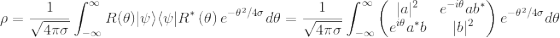 \rho = \frac{1}{\sqrt{4\pi\sigma}}\int_{-\infty}^{\infty}R(\theta)|\psi\rangle\langle\psi |R^{*}\left(\theta \right )e^{-\theta^{2}/4\sigma}d\theta = \frac{1}{\sqrt{4\pi\sigma}}\int_{-\infty}^{\infty} \begin{pmatrix} |a|^{2} & e^{-i\theta}ab^{*}\\ e^{i\theta}a^{*}b & |b|^{2} \end{pmatrix}e^{-\theta^{2}/4\sigma}d\theta