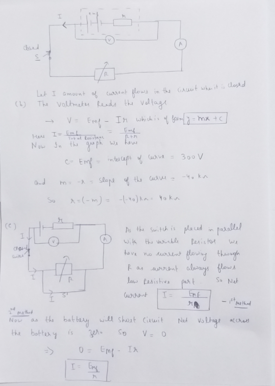 cheed (b) - Emp Retro Let I amount of current flows in the circuit when it is closed The voltmetes Reads the voltage - v= Eme