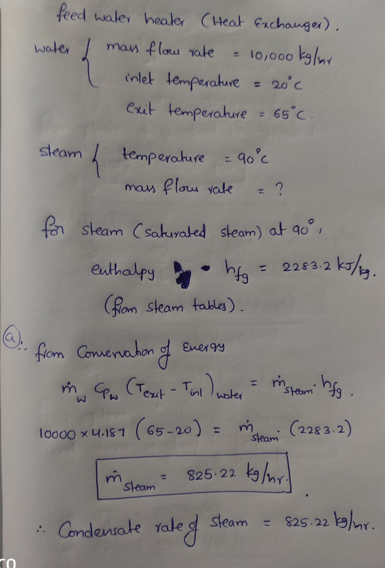 feed water heater (Heat Exchanger). water mass flow rate = 10,000 kglar inlet temperature 20°c exit temperature -65°C. steam