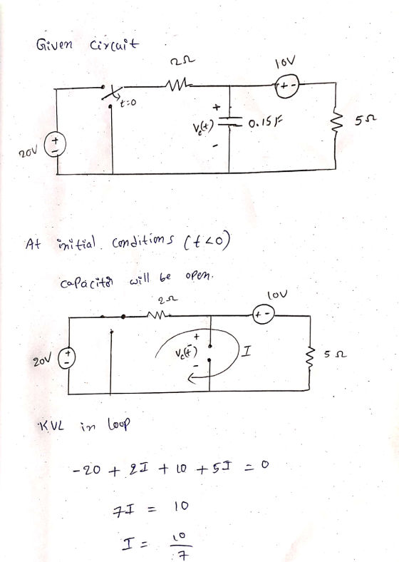 Given circuit L 160 w r t:० 0.151 va) 50 ३ 200 At initial conditions (t.<o) capacitor open: will be lov 21 + VE) क I 20/ 52 K