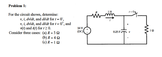 Problem 1 I XX For the circuit shown, determine v, i, dvldi, and dildt for t-0, v, i, dvldi, and dildt for -0, and v() and i