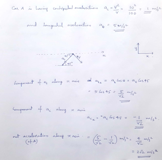 2 Car A u having in having contripetal acelerations q=v² cava To I m/s2 11 TOO and tangential al acceleration ak D) 5 m/2 - a