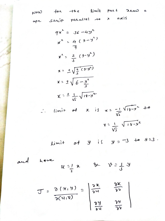 the for limit part Now Draw areis ape Strip parallel qx² = 36-49² a = 4(9-y?) १ x2 2 (9-4) IV ? (9-44) X? I 6-y² 3 X-A1 Visay