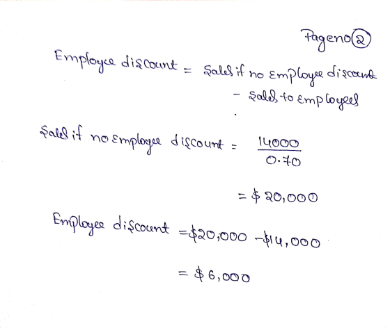 Pageno@ Emploge discount = sales if no employee discount - sales to employees Pales if no emplopee discount = 14000 0.70 = $2