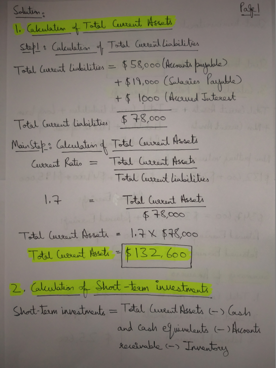 Solution Page ! 1. Cakulation of Total Current Assets Stop! & Calculation of Total Current Liabilities 아 Total Current Liabil