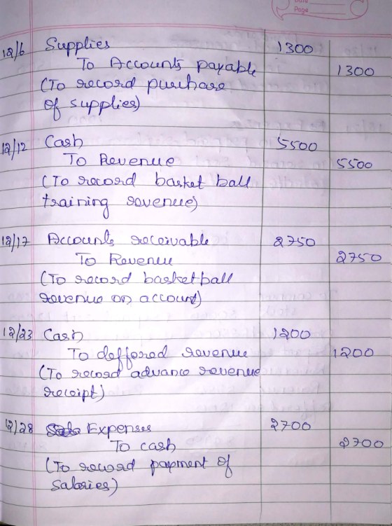 Page tab Supplies 1300 To Accounts payable (To Secord puehase f supplies) 1300 Cash To Reveneue (To Srocord basket ball trair
