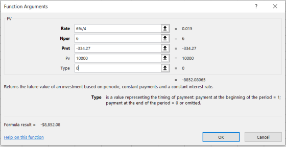 Function Arguments ? x = 0.015 = 6 Rate 6%/4 Nper Pmt -334.27 PV 10000 Type of 1 1 = -334.27 = 10000 = -8852.08065 Returns th