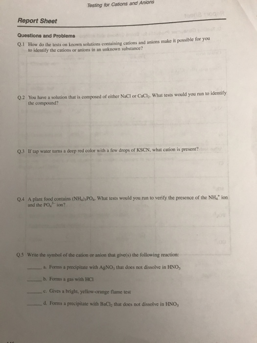 Testing for Cations and Anions Report Sheet Questions and Problems Q.1 How do the tests on known solutions containing cations