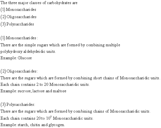 The three major classes of carbohydrates are (1) Monosacchari des (2) Oligosacchari des (3) Polys accharides (1) Monosacchai