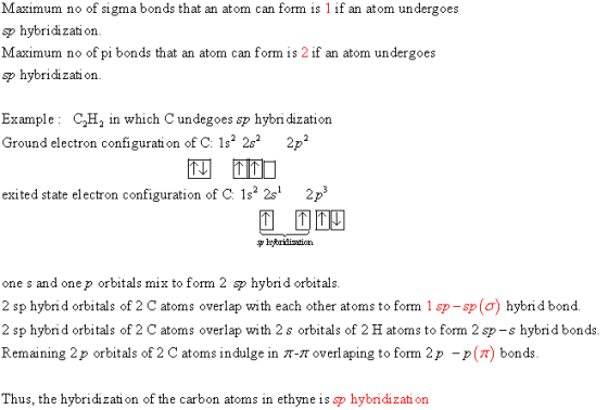 Maximum no of sigma bonds that an atom can form is 1 if an atom undergoes sp hybridization Maximum no of pi bonds that an ato