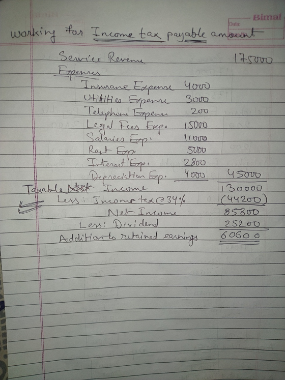 Date: 200 Bimal working for Income tax payable amount Senice Revene 17 SUVO Expenses Insurance Expense you utilities Expense