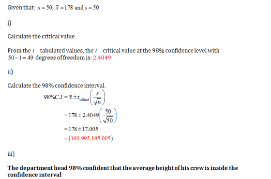 Given that: n=50; x =178 and s=50 i) Calculate the critical value. From the t- tabulated values, the t - critical value at th