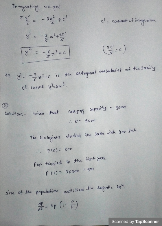 Integrating get. 5 - 24 & c c- constant of integration, مااه 2 - 3 y etc do, y=MP4c is the orthogonal trajectories of the f
