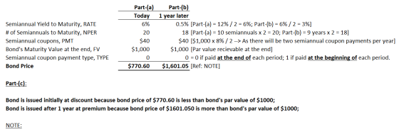 Semiannual Yield to Maturity, RATE # of Semiannuals to Maturity, NPER Semiannual coupons, PMT Bonds Maturity Value at the en