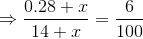 \Rightarrow \frac{0.28+x}{14+x} = \frac{6}{100}
