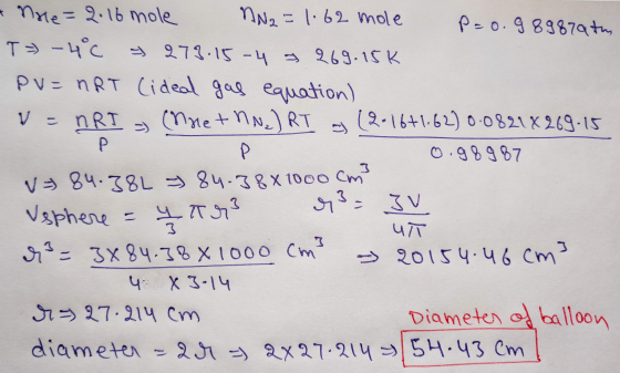 P P Nile=2.16 mole NN2 = 1.62 mole p=0.9898rata T> -4°C I 279.15-4 y 269.15K Pu= nRT (ided gas equation) V = nRI =) (Moet nN