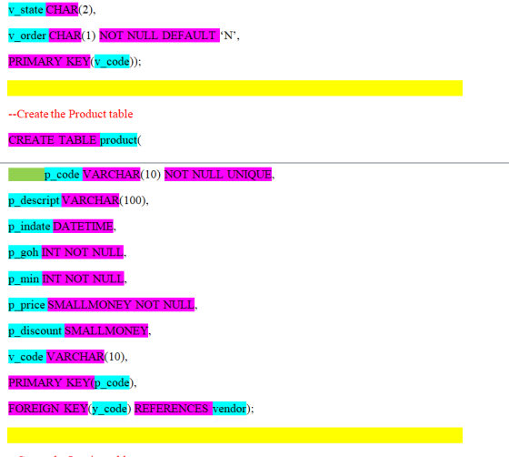 V state CHAR(2), v order CHAR(1) NOT NULL DEFAULT N, PRIMARY KEY(v_code)); --Create the Product table CREATE TABLE product(