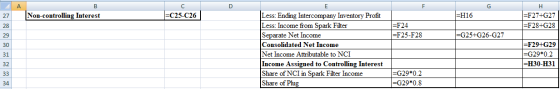 A. В C D F Н Non-controlling Interest Less: Ending Intercompany Inventory Profit Less: Income from Spark Filter Separate Net