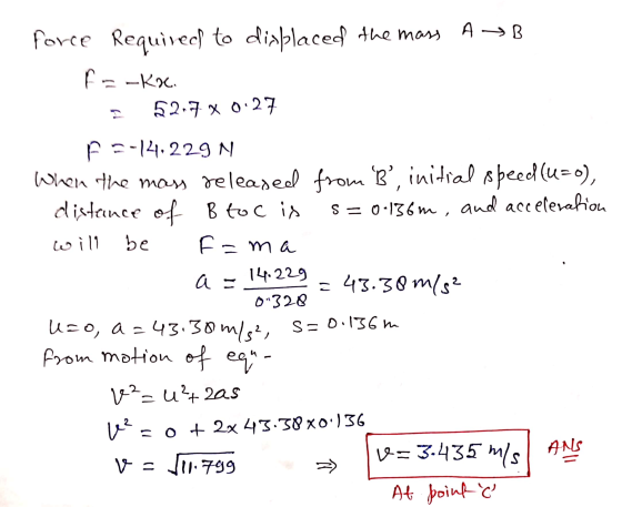 force Requivecſ to displaced the mass AB fe-kx 52.7 x 0.27 F=-14.229 N When the mass released from B, initial speed (4=0),
