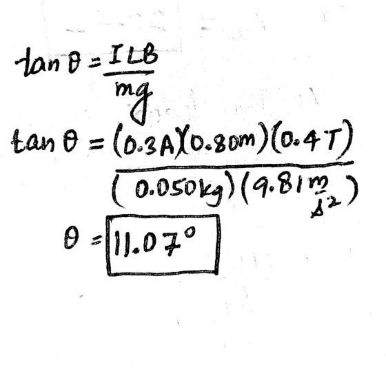 lano ILB mo mg tan 0 = (0.3AX0.gom)(0.4T) 0.05oky) (9.81m) 11.070