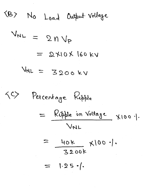 <B> No Load Output Voltage VNL an Vp = 2 X10 X 160 kV VAL = 3200 KV Tey Percentage Percentage Repple Ripple in Voltage X1004