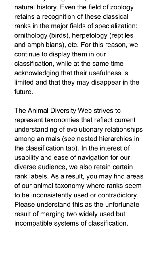 natural history. Even the field of zoology retains a recognition of these classical ranks in the major fields of specializati
