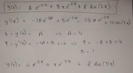 9(y) - А е e-2 x + B - 2 1 xe +8 Win (2х) 2 x у(х) - 2А - 29 е с +Во 2х 2 B2 е + 16 (2х) т -) е- ч 4 - 9 (0) - 4 = yo) - А +