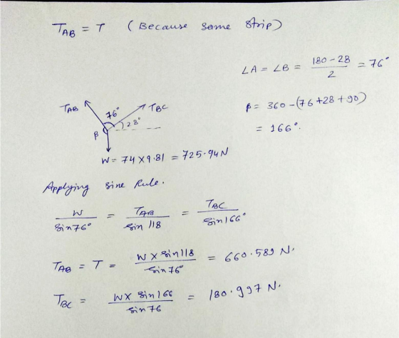 TABT (Because Seme Stip 180-28 LA=LE = 7 2 Tre Tec f 360-(76+28 +90) 76 22 166 W- 74 X9.81 = 725.94N Artng Sine Rule TRC 名の子6