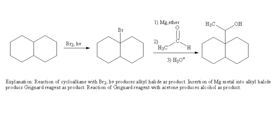 1) Mg,ether H3C он Br2, hv 2) H3C 3) H3ot Explanati on: Reaction of cycloalkane with Br2, hv produces alkyl hali de as produc