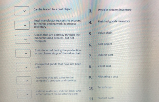 Can be traced to a cost object Work in process inventory 3. Finished goods inventory Total manufacturing costs to account 4.