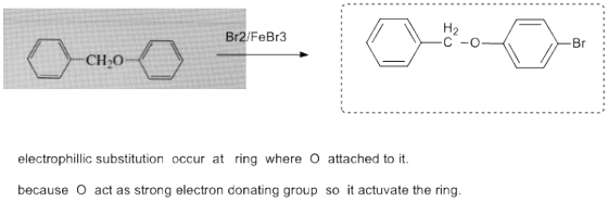 H2 C-O Br2/FeBr3 CH20 electrophillic substitution occur at ring where O attached to it. because O act as strong electron dona