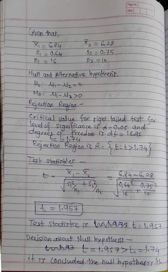 Pepe No. Given that X = 6.84 s = 0.64 X2 = 6,28 32=0.75 12 =10 Null and Alternative hypothers. Ho : 4 12-6 Hali-la o oru. Rej