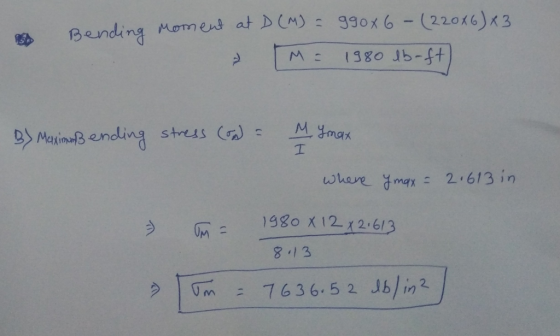 Bending Mom ent at DCM) 930x6-(22016) < 3 1380 Jb-4t Mymak MaximaBending streis I whare gmax 2.613 in 1980 X12x2 6/3 8.13 763