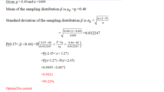Given p=0.40 and n=1600 Mean of the sampling distribution p is Mo =p=0.40 Standard deviation of the sampling distribution p i