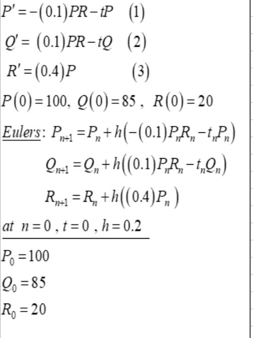 P=-(0.1)PR-tP (1 Q = (0.1)PR-tQ (2) R =(0.4)P (3) P(0)=100, Q(0)=85, R(0) = 20 Eulers: P1 = P., +h(-(0.1)P.R-t.p.) Q1+2 =