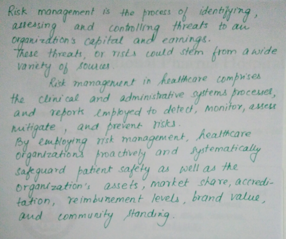 Risk management is the process of identying atesing organizdtions capital and eamings. These threats, or Tists could stem fro