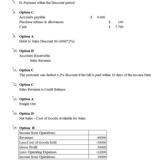 7. D: Payment within the Discount period $ 8,000 8. Option C Accounts payable Purchase returns & allowances Cash $ $ 240 7,76