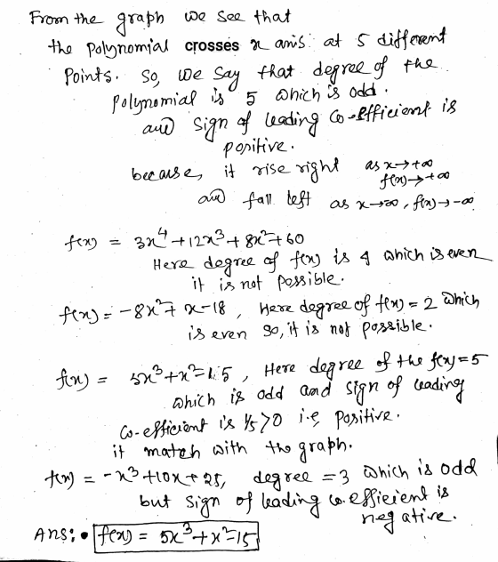 From the graph = we see that the polynomial crosses g anisat 5 different Points. So, we say that degree of the polynomial is