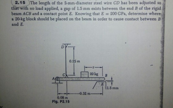 2.15 The length of the 2-mm-diameter steel wire CD has been adjusted so that with no load applied, a gap of 1.5 mm exists between the end B of the rigid beam ACB and a contact point E. Knowing that E 200 CPa, determine where a 20-kg block should be placed on the beam in order to cause contact between B and E 0.25 m 20kg B 15 mm 0.32 m 0.08 m Flg. P2.15