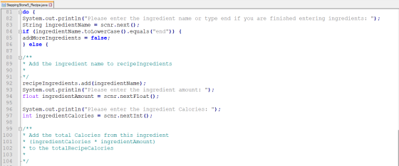 * Stepping Stone5_Recipe java X 81 Edo { 82 System.out.println(Please enter the ingredient name or type end if you are finis