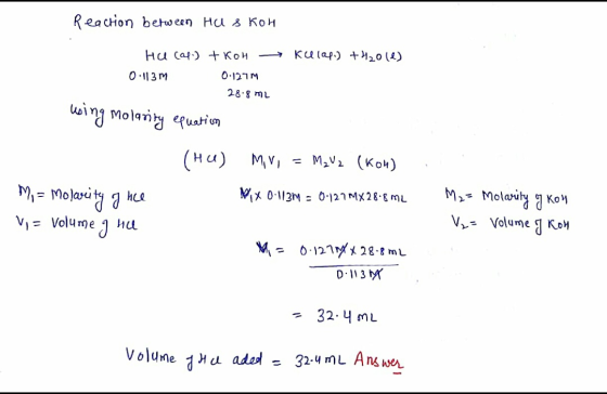 Reaction between HU skor на (-) +Кои — ка(а+10 (4) о:|| 3 м О-12м 28:8 ми using molarity equation (на) M, = Molaru 7 а не V =