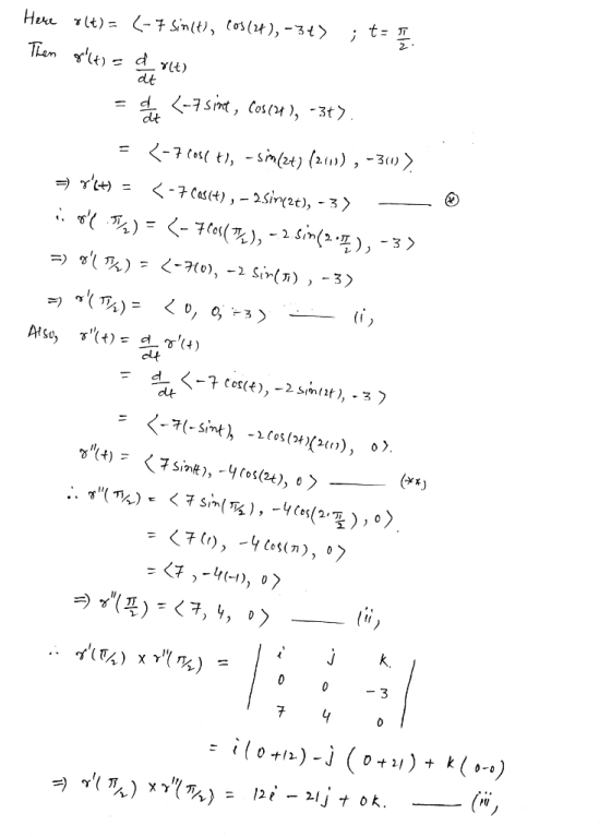 Here olt) = (-7 sin(t), cos(24), -34) ; t= Then g(t) = d r(t) 2. dt = d (-7 sint, Cos(24), -3t). = {-7 lost t), -sin(24) (20