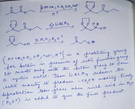 inio $600 M on our 1) Ho CH 2 CH, OH, cat ion HF BH 3. MO, M30 in HO Cat CH₂ ott, cat tt} is a protecting group for ketone in