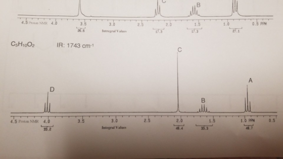 4.5 Proton NMR 4.0 3.0 0.5 PPM 3.5 26.6 Intregral Values 27 C5H1002 IR: 1743 cm-1 4.5 Proton NMR 4.0 3.0 Integral Values 1.0