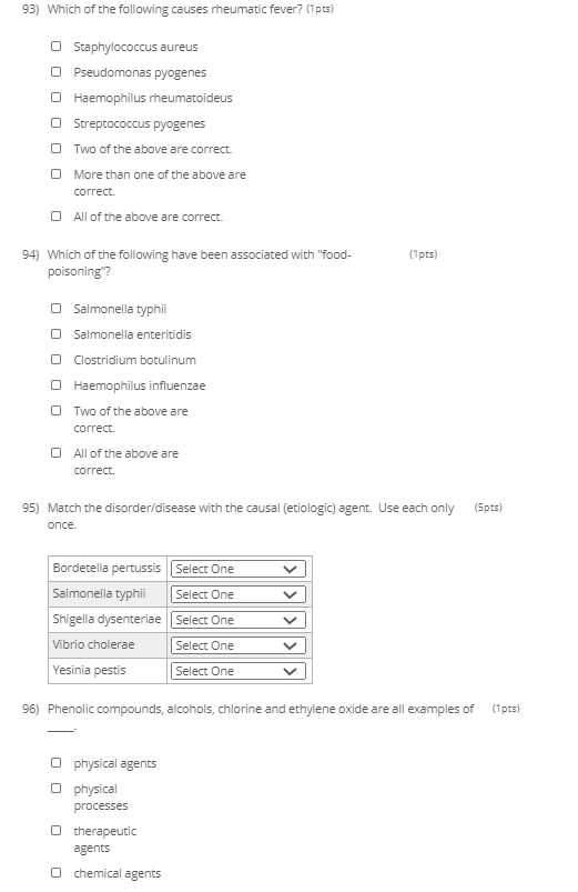 93) Which of the following causes rheumatic fever? (1 pts) Staphylococcus aureus Pseudomonas pyogenes Haemophilus rheumatoide