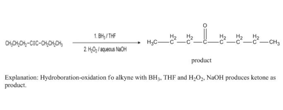 1. BH, / THE CH3CH,CH, -CEC-CH.CH.CH H₂CH2 H 2 CH 2 H2 H 2 _ CH3 2. H20 / aqueous NaOH product Explanation: Hydroboration-oxi