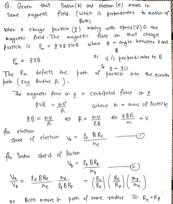 particle is Q. Given that Proton (6) and electron (e) moves in same magnetic field. (which is perpendicular to motion of Both