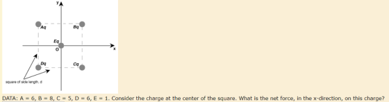 YA Aq Bq Eq 0 Dq Cq square of side length, d DATA: A6, B-8, C- 5, D 6, E-1. Consider the charge at the center of the square. What is the net force, in the x-direction, on this charge?