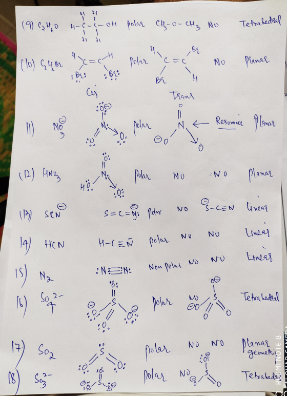 (9) Catho 4-6 -oh polar Chh-o- CH₂ No Tetrahedsel + + H ,BE Hvar H (10) GM Br Polar C= No Planas ty Be Trans polar Don N k so